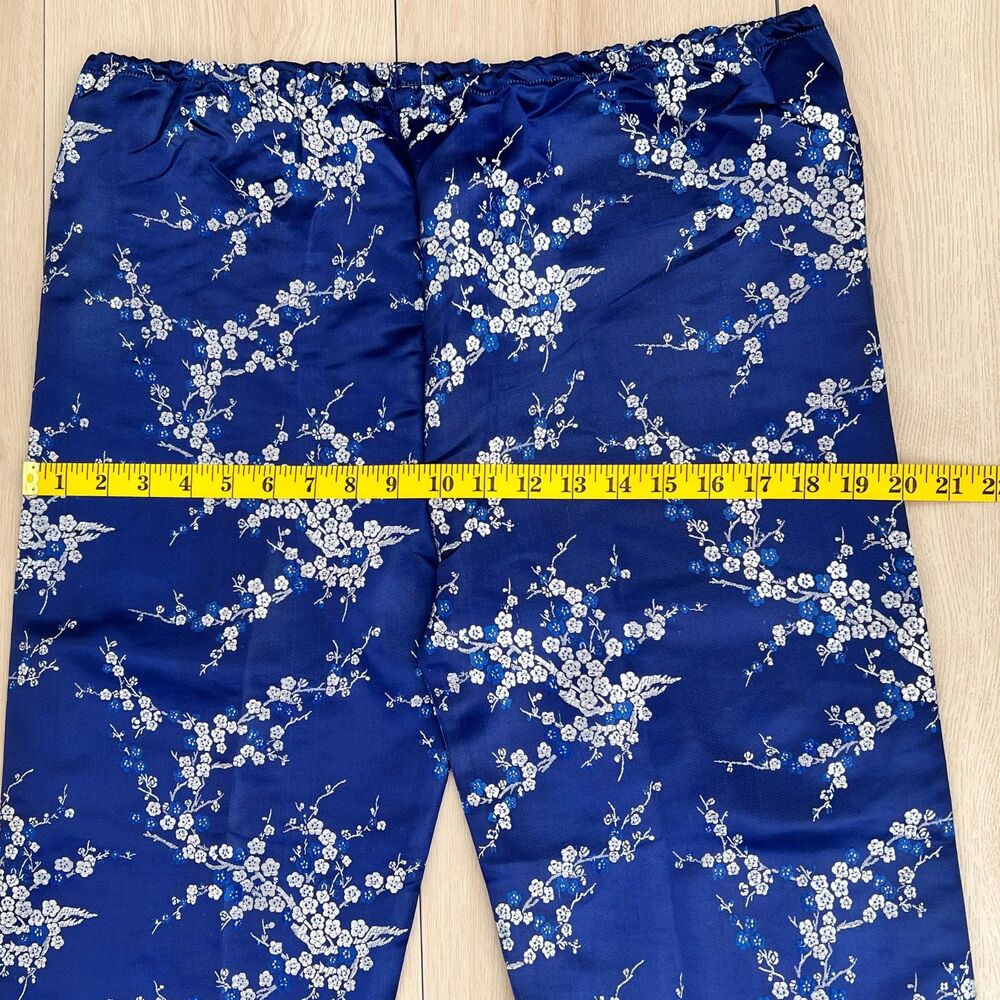 Vintage Chinese Blue Plum Blossom Satin Jacquard Cropped Pajama Pants 34" Waist - Picture 9 of 16